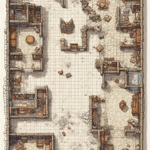 May include: An overhead illustration of a dungeon map with stone walls and floors. The map features multiple rooms with various furnishings, including tables, chairs, and shelves. The color palette is muted, with shades of brown, beige, and gray.