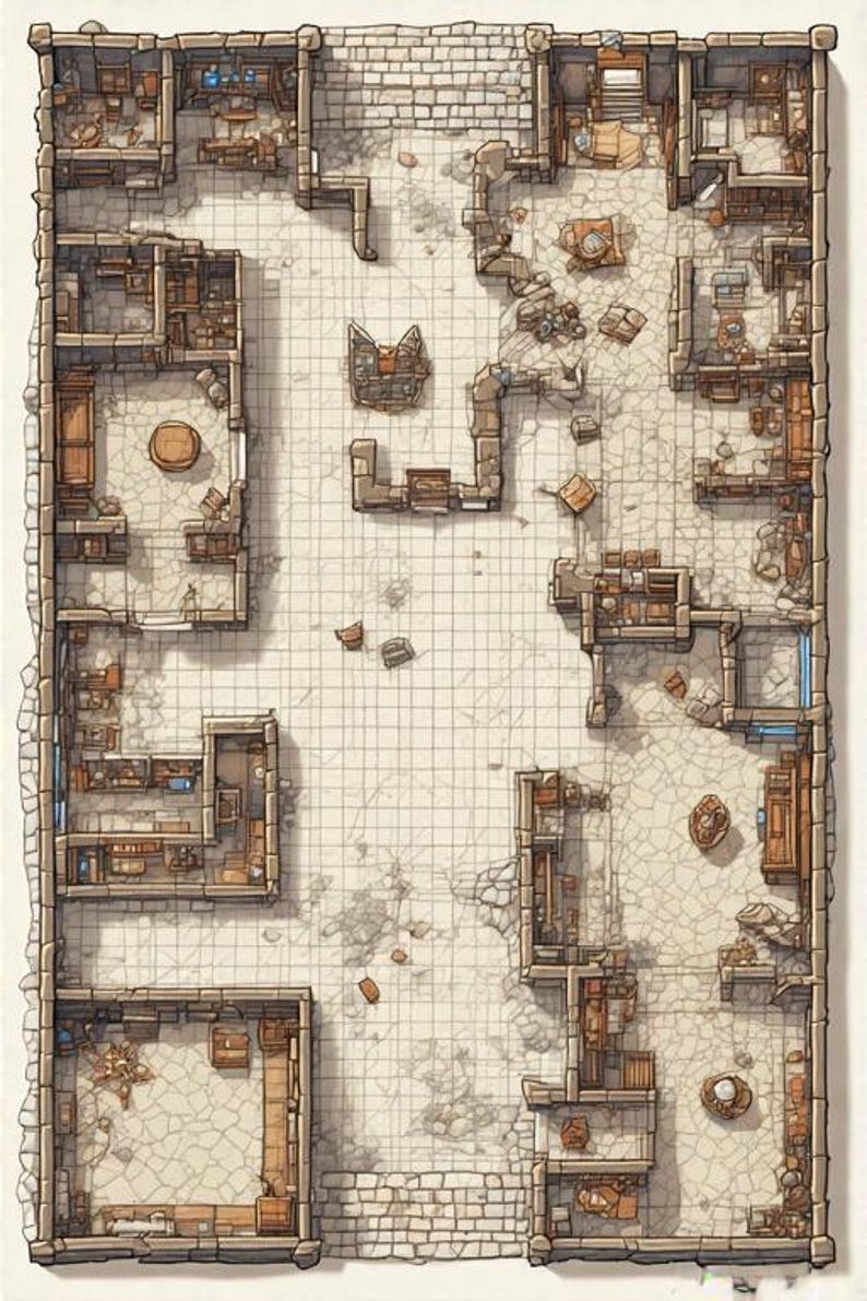 May include: An overhead illustration of a dungeon map with stone walls and floors. The map features multiple rooms with various furnishings, including tables, chairs, and shelves. The color palette is muted, with shades of brown, beige, and gray.