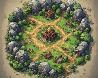 TTRPG Battlemap Secret Stone Shielded Village in the woods