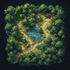 Puede incluir: Ilustración detallada de una escena forestal vista desde arriba. Un río serpentea por el centro, rodeado de densos árboles verdes y pequeñas estructuras de madera. Senderos de tierra cruzan el paisaje, creando una sensación de profundidad.