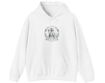Hoodie met witte heksillustratie | heksachtige, aan cottagecore grenzende, hemelse vibes