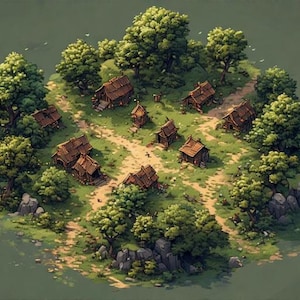 May include: An illustration of a small village on an island. The village features several wooden houses with thatched roofs, surrounded by lush green trees and pathways. The overall color palette is earthy, with shades of green, brown, and tan.