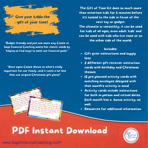 May include: A red and white digital download product for a printable gift kit for kids. The kit includes 12 pre-planned activity cards, matching envelopes, and instructions for both in-person and virtual dates. The text on the image reads "Give your kiddo the gift of your time!" and "PDF Instant Download".