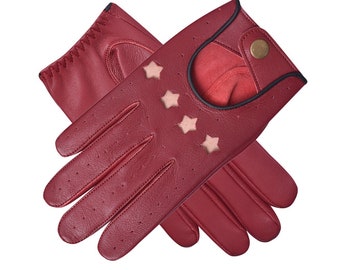 Gants de conduite en cuir véritable rouge pour femmes/hommes, non doublés, fermeture à bouton