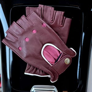 Burgundy Leather Driving Gloves: Fingerless Retro Cycling Gloves