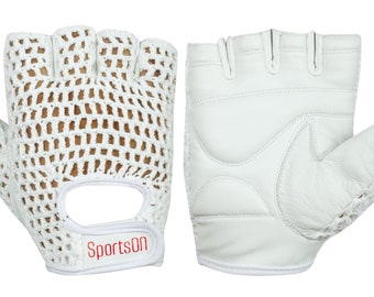 Fingerless Leather Driving Gloves: Crochet-backed, Padded Palm, Rip-tape velcro closure