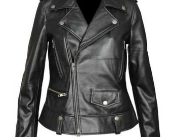 Manteau veste en cuir souple motard noir pour femme avec poches fermeture zippée en peau de mouton