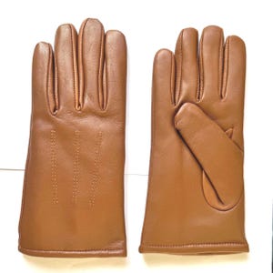 May include: A pair of brown leather gloves with a stitched design. The gloves are made of a soft, supple leather and have a classic look.