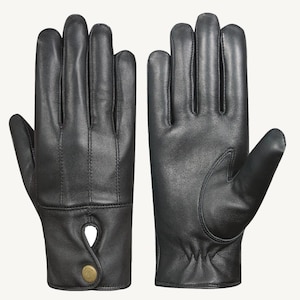 May include: A pair of black leather gloves with a button closure on the wrist.