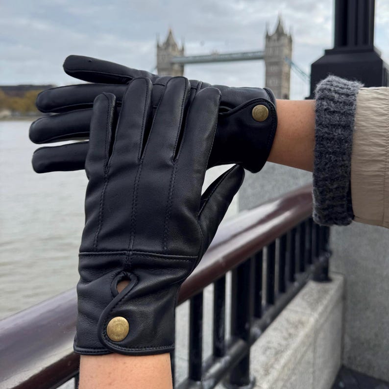 Women's black leather gloves with warm fleece lining luxury Christmas gift free delivery image 7