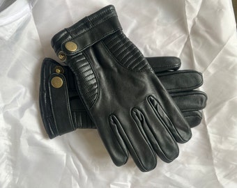 Men's black warm wool cashmere blend lined smooth leather gloves strap and roller fastening