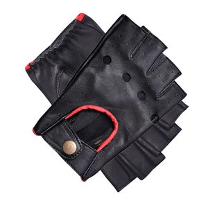 Gants de conduite pour chauffeur demi-doigts en cuir de mouton lisse et doux, style rétro image 3