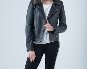 Blouson femme en cuir noir avec poches, fermeture éclair, cadeau de Noël en peau de mouton