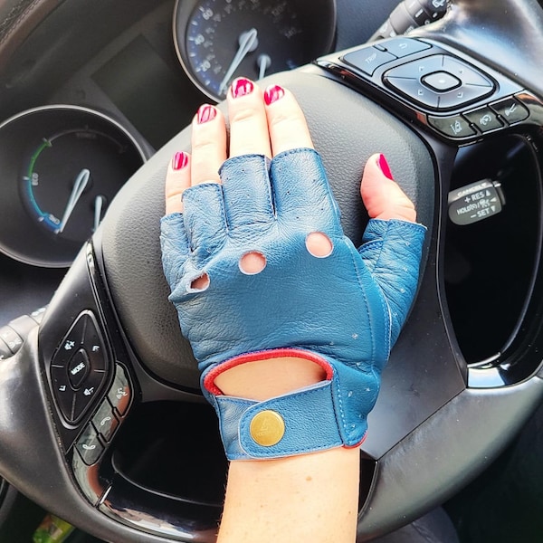 Gants de conduite pour chauffeur Doigts intermédiaires en cuir de mouton lisse et doux Style rétro bleu marine