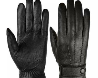 Women's black warm fur lined leather gloves wool knitted cuff strap fastening