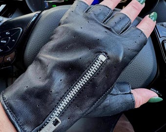 Guantes de conducción de cuero sin dedos, unisex, con cremallera