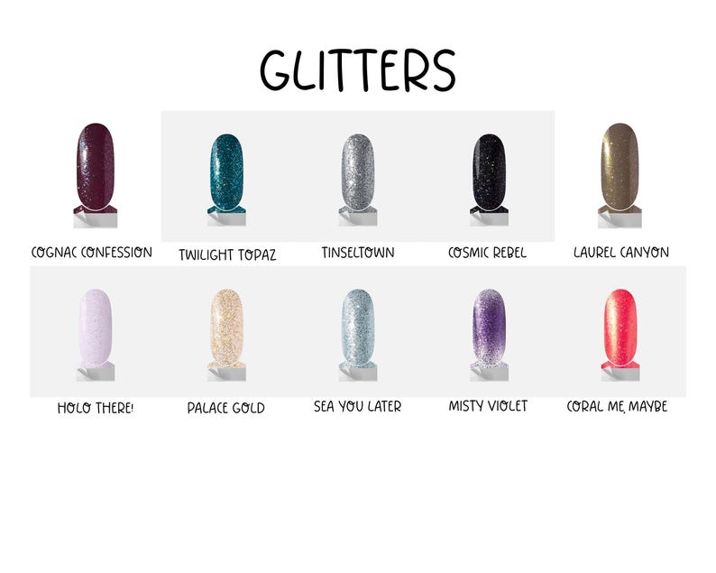 Puede incluir: Una colecci&oacute;n de diez muestras de esmalte de u&ntilde;as titulada GLITTERS, que presenta los tonos Cognac Confession, Twilight Topaz, Tinseltown, Cosmic Rebel, Laurel Canyon, Holo There!, Palace Gold, Sea You Later, Misty Violet y Coral Me, Maybe.