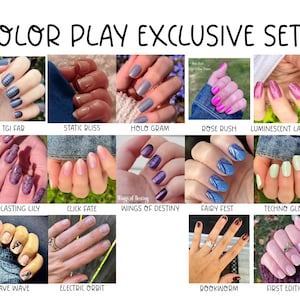 May include: A collection of nail polish sets, each showcasing a different color and design. The sets include names like "TGI FAB," "Static Bliss," and "Rose Rush." The image features various hand poses with painted nails.