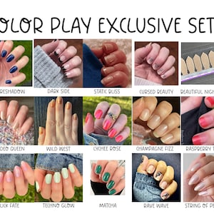 May include: A collection of nail polish strips labeled COLOR PLAY EXCLUSIVE SETS, featuring various designs including solid colors, French tips, gradients, and patterns like FORESHADOW, DARK SIDE, STATIC BLISS, CURSED BEAUTY, BEAUTIFUL NIGHTMARE, RODEO QUEEN, WILD WEST, LYCHEE ROSE, CHAMPAGNE FIZZ, RASPBERRY TART, CLICK FATE, TECHNO GLOW, MATCHA, RAVE WAVE, and STRING OF PEARLS.