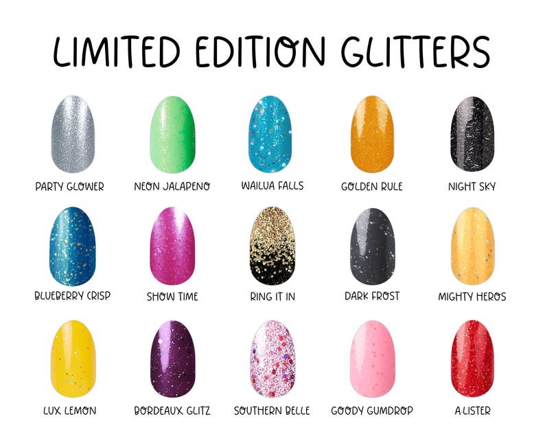Puede incluir: Una colecci&oacute;n de quince tiras de esmalte de u&ntilde;as etiquetadas como LIMITED EDITION GLITTERS. Los colores incluyen plata, verde ne&oacute;n, azul, oro, negro, azul oscuro, magenta, negro y oro, gris oscuro, amarillo, morado, rosa y rojo con varios acabados de purpurina.