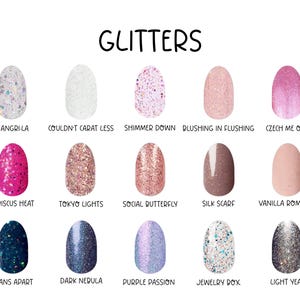 May include: A collection of 15 different glitter nail polish colors, each in a small round bottle. The colors include white, pink, gold, blue, and purple. The names of the colors are listed below each bottle.