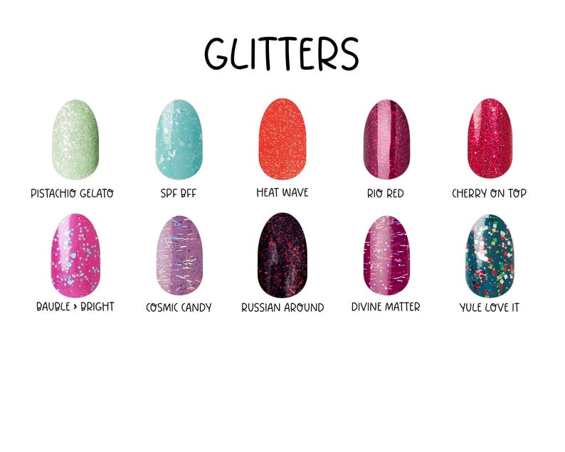 Puede incluir: Una colecci&oacute;n de diez muestras de esmalte de u&ntilde;as ovaladas tituladas GLITTERS, que presentan los tonos Pistachio Gelato, SPF BFF, Heat Wave, Rio Red, Cherry On Top, Bauble Bright, Cosmic Candy, Russian Around, Divine Matter y Yule Love It.