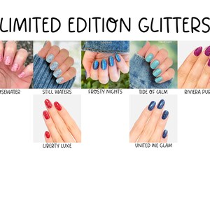 Puede incluir: Una colecci&oacute;n de siete colores de esmalte de u&ntilde;as etiquetados como LIMITED EDITION GLITTERS. Los tonos incluyen Rosewater, Still Waters, Frosty Nights, Tide of Calm, Riviera Purple, Liberty Luxe y United We Glam, con acabados de purpurina.