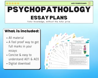 May include: A digital download of essay plans for psychology students. The plans are designed to help students get full marks on their essays. The plans include all material, a fool-proof way to get full marks, and are concise and easy to understand. The plans are designed to help students understand A01 and A03.