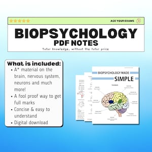 May include: A colourful illustration of the human brain with labels for different parts and their functions. The text "Biopsychology Made Simple" is at the top of the image. This is a digital download of notes for students studying biopsychology.