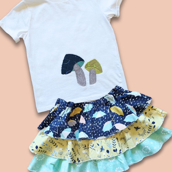 Size 6 White Mushroom T-shirt w/ Matching Skirt / Forest Outfit / Girl's Clothing / Ruffle Skirt