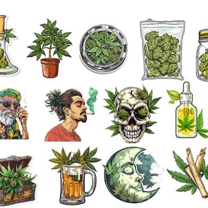 50 Piece Marijuana Sticker Collection: waterproof, glossy, permanent designs, stoner sticker set, pot character stickers