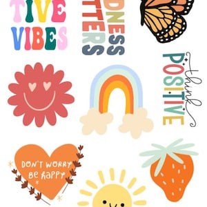 Set di 9 adesivi Positive Vibes da 2" - Diffondi felicità e ispirazione, set di adesivi di ispirazione a tema retrò, simpatici adesivi retrò