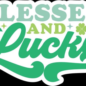 "Retro St. Patrick's Day Aufkleber ""Blessed and Lucky"" - 5 cm - Groovy Shamrock Aufkleber - Set aus 45 wasserfesten Aufklebern für deinen Laptop."