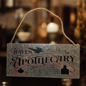 Raven Apothecary Brushed Metal Hanging Sign Gothic Decor and Halloween Sign