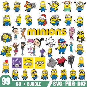 May include: A collection of 50+ colorful cartoon Minion characters in various poses and outfits. The characters are from the Despicable Me movie franchise. The image includes the text "Minions" and "SVG-PNG-DXF".