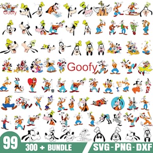 May include: A collection of 99 digital cut files featuring various poses of Goofy, a cartoon character from Disney. The files are available in SVG, PNG, and DXF formats. The image shows a variety of Goofy poses, including him holding a fishing rod, playing golf, and driving a car.
