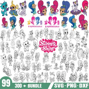 Op de afbeelding: Een set van 99 digitale afbeeldingen met personages uit de animatieserie Shimmer and Shine. De afbeeldingen tonen de personages in verschillende poses en met verschillende gezichtsuitdrukkingen, waaronder Shimmer, Shine, Leah en Zeta. De afbeeldingen zijn zowel in kleur als in zwart-wit. De tekst "#squadgoals" verschijnt twee keer in de afbeelding. De tekst "Shimmer and Shine" verschijnt in een roze en paarse lettertype. De tekst "300+ Bundle" verschijnt in de linkerbenedenhoek van de afbeelding. De tekst "SVG-PNG-DXF" verschijnt in de rechterbenedenhoek van de afbeelding.