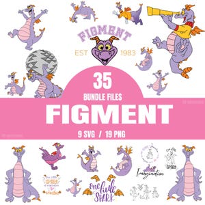 Pode incluir: Uma coleção digital de 35 arquivos gráficos do dragão Figment, incluindo 9 formatos SVG e 19 PNG. As imagens mostram um dragão roxo com asas e chifres laranja em várias poses, junto com elementos de texto como FIGMENT EST 1983.
