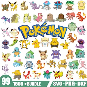 May include: A collection of 99 Pokemon character illustrations in various poses and colors. The characters are arranged in a grid pattern on a white background. The word "Pokemon" is written in large, colorful letters at the top of the image. The text "1500+ Bundle" is at the bottom left and "SVG-PNG-DXF" is at the bottom right.