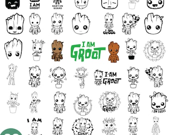 May include: A set of 99 black and white SVG, PNG, and DXF cut files featuring various designs of the character Groot from the Guardians of the Galaxy franchise. The designs include Groot in different poses, with different expressions, and with different text phrases, such as "I am Groot" and "Baby on Board".