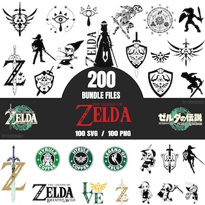 May include: A digital collection of 200 The Legend of Zelda bundle files, including 100 SVG and 100 PNG formats. The image displays various black silhouettes of characters, swords, shields, logos, and circular emblems related to the video game series.