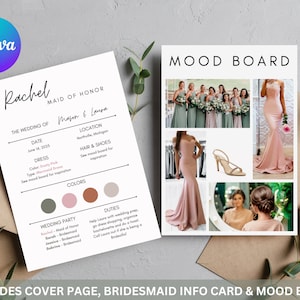 Carte d'information de demoiselle d'honneur avec Mood Board | Mariage vert sauge et rose fard à joues | Modèle de toile | Infographie de la fête nuptiale