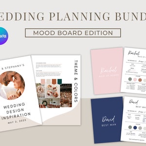 Modèle de tableau d'humeur du lot de planification de mariage | Tableau d'ambiance Canva Wedding Design avec guide de conception | Carte d'information pour les garçons d'honneur et les demoiselles d'honneur