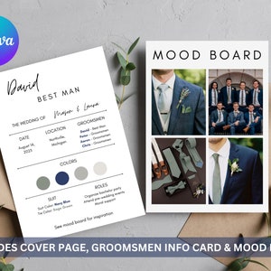 Carte d'information de proposition de garçons d'honneur avec Mood Board | Modèle Canva | Infographie de la fête de mariage