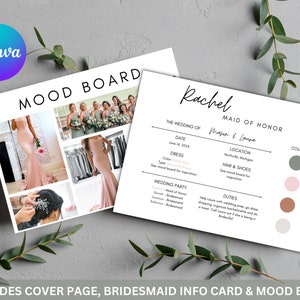 Carte de mariage d'informations de demoiselle d'honneur avec tableau d'humeur en rose blush et vert sauge | Modèle Canva modifiable | Infographie de la fête nuptiale