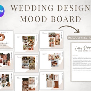 May include: A wedding mood board featuring images of floral arrangements, bridal party attire, ceremony decor, and stationery. The mood board is titled "Wedding Design Inspiration" and includes a free PDF guide.