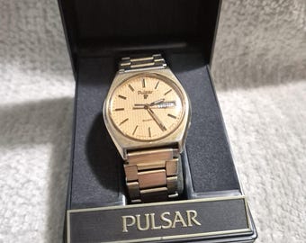 Vintage Pulsar By Seiko Gold Men's Watch! 1980's, Gold Dial, Day Date, Large P, Original Box! Working Condition, New Battery! COOL!