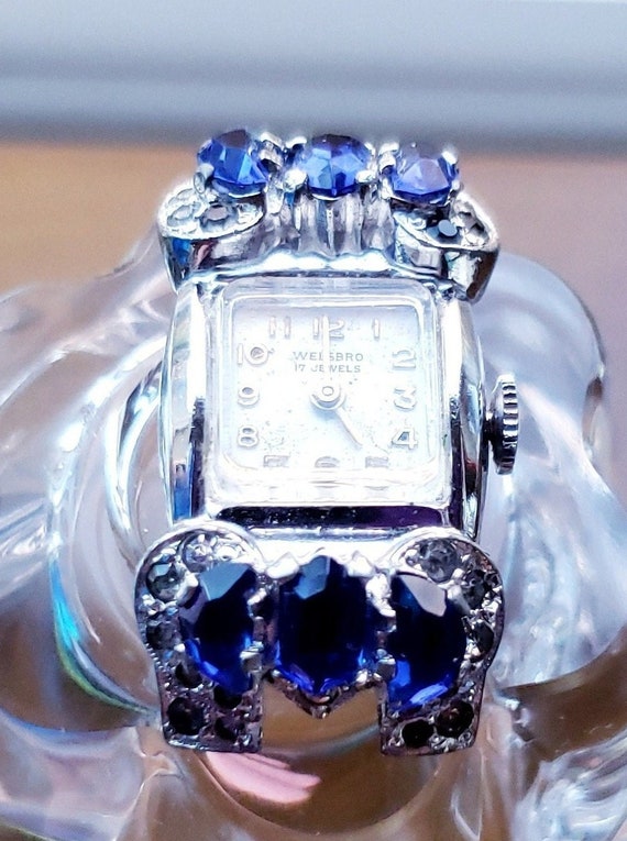 Vintage Blue Sapphire Diamonds White Gold Plate 17