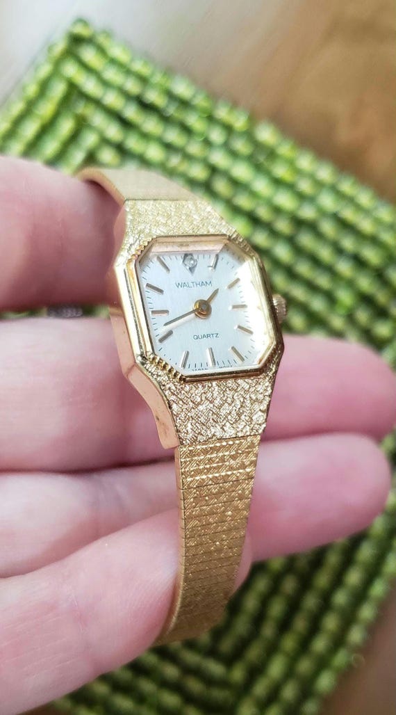 Vintage 1980s Waltham Diamond Ladies Watch: Gold Octagon Bezel