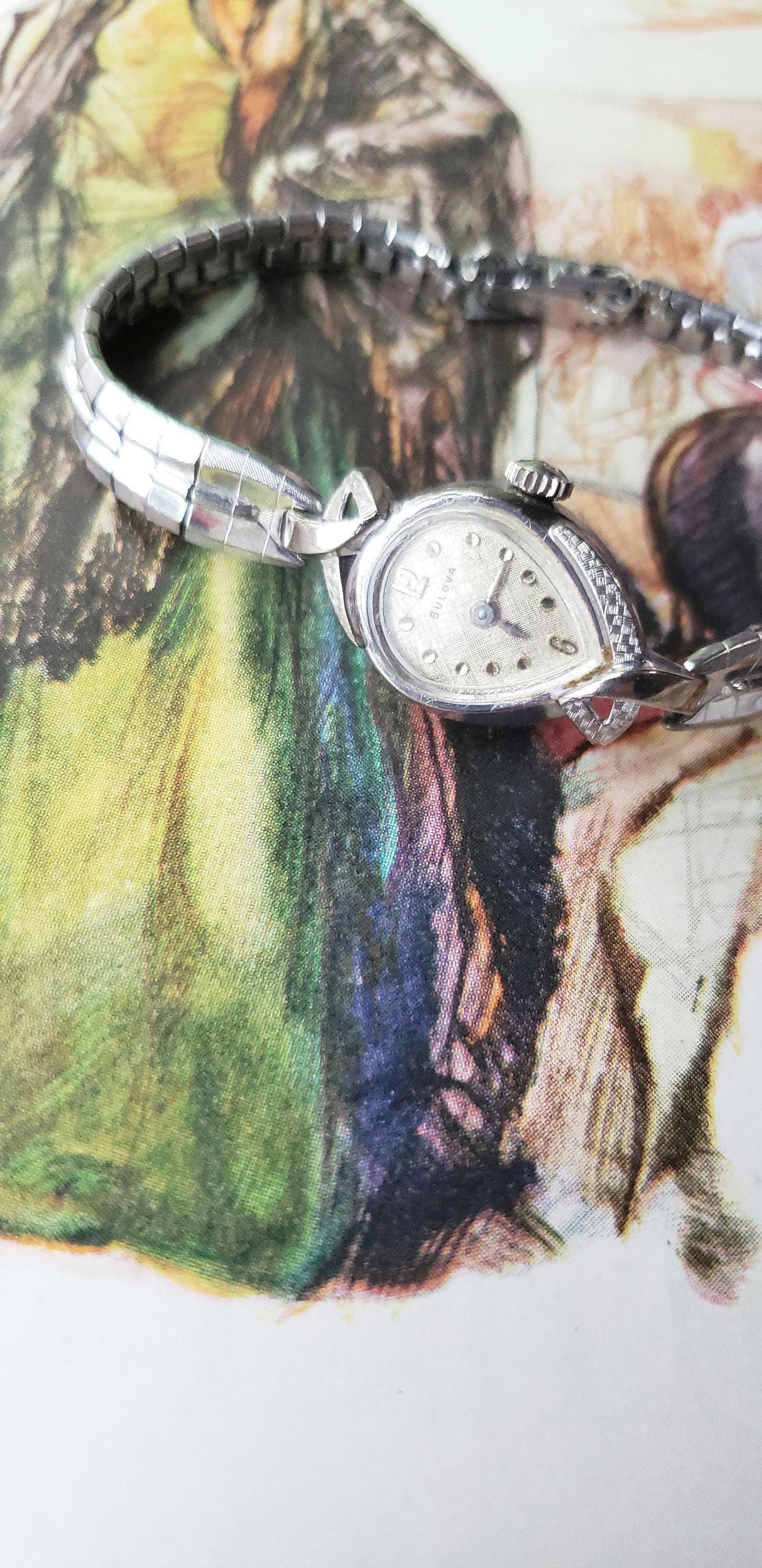 Vintage Bulova ladies teardrop shaped white gold filled mechanical watch Vintage Bulova Ladies Mechanical Cocktail Watch 10K White  main image 4